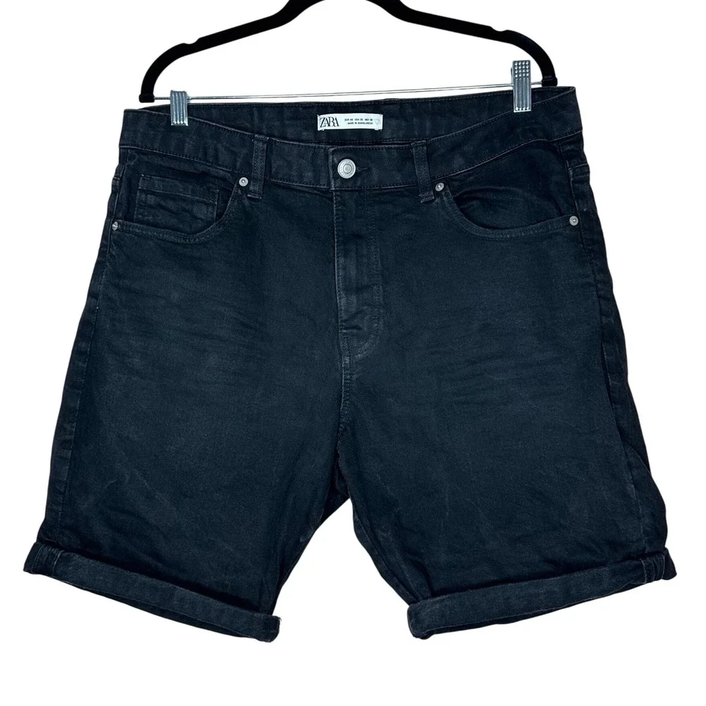 ZARA Men Black Denim Shorts Rolled Cuff Casual‎ Comfort Size 36 Preppy